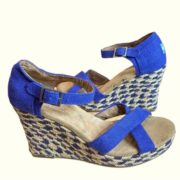 Toms blue cream mixed rope wedges woven mid sole suede leather uppers size 8.5 - Picture 4 of 8
